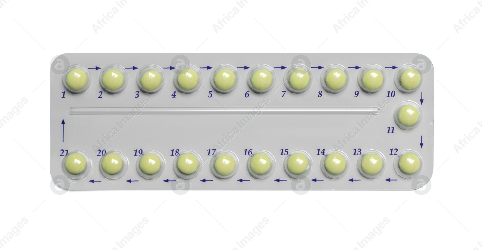 Photo of Birth control pills on white background, top view