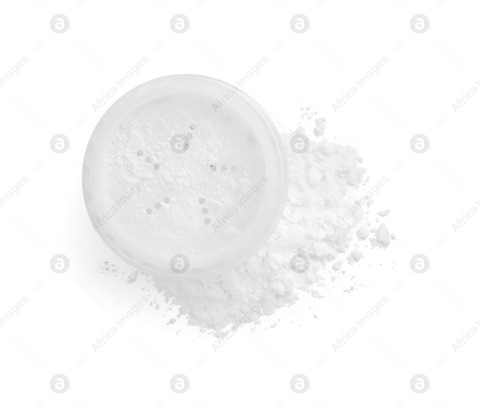 Photo of Rice face powder on white background, top view. Natural cosmetic