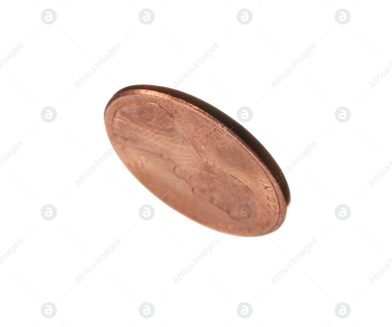 Photo of United States one cent coin on white background