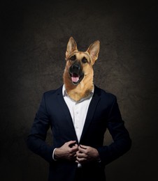 Image of Portrait of businessman with dog face on dark background