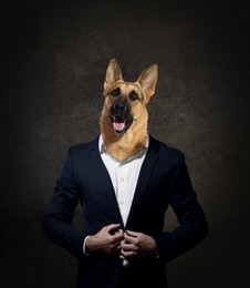 Portrait of businessman with dog face on dark background