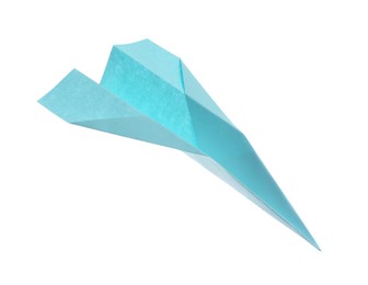 Photo of Handmade light blue paper plane isolated on white