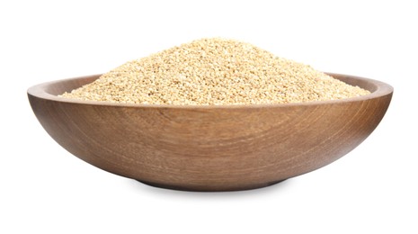 Wooden plate with raw quinoa isolated on white