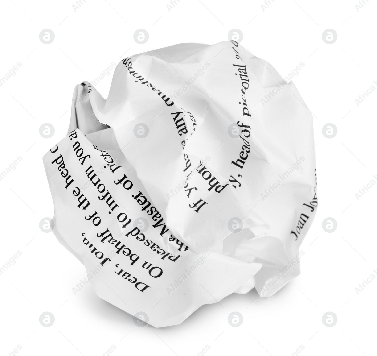 Photo of Crumpled sheet of paper with printed text isolated on white