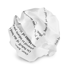 Crumpled sheet of paper with printed text isolated on white