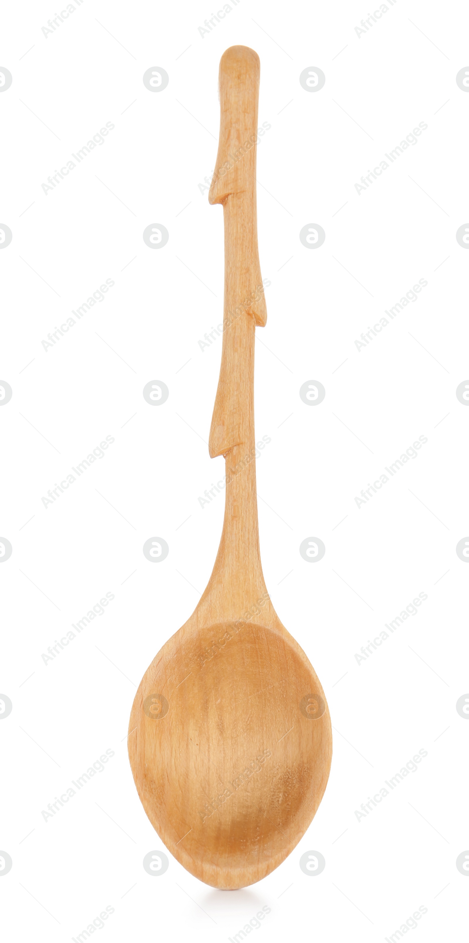 Photo of New clean wooden spoon isolated on white, top view