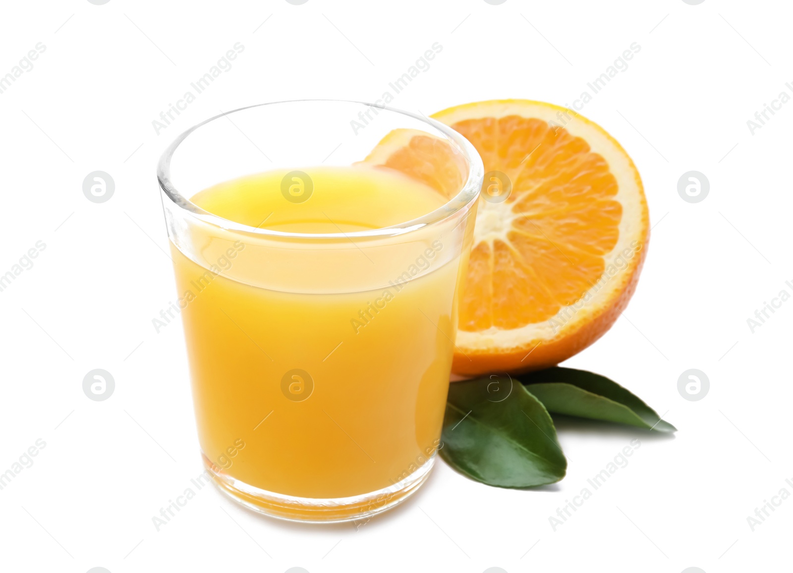 Photo of Glass of orange juice and fresh fruit on white background