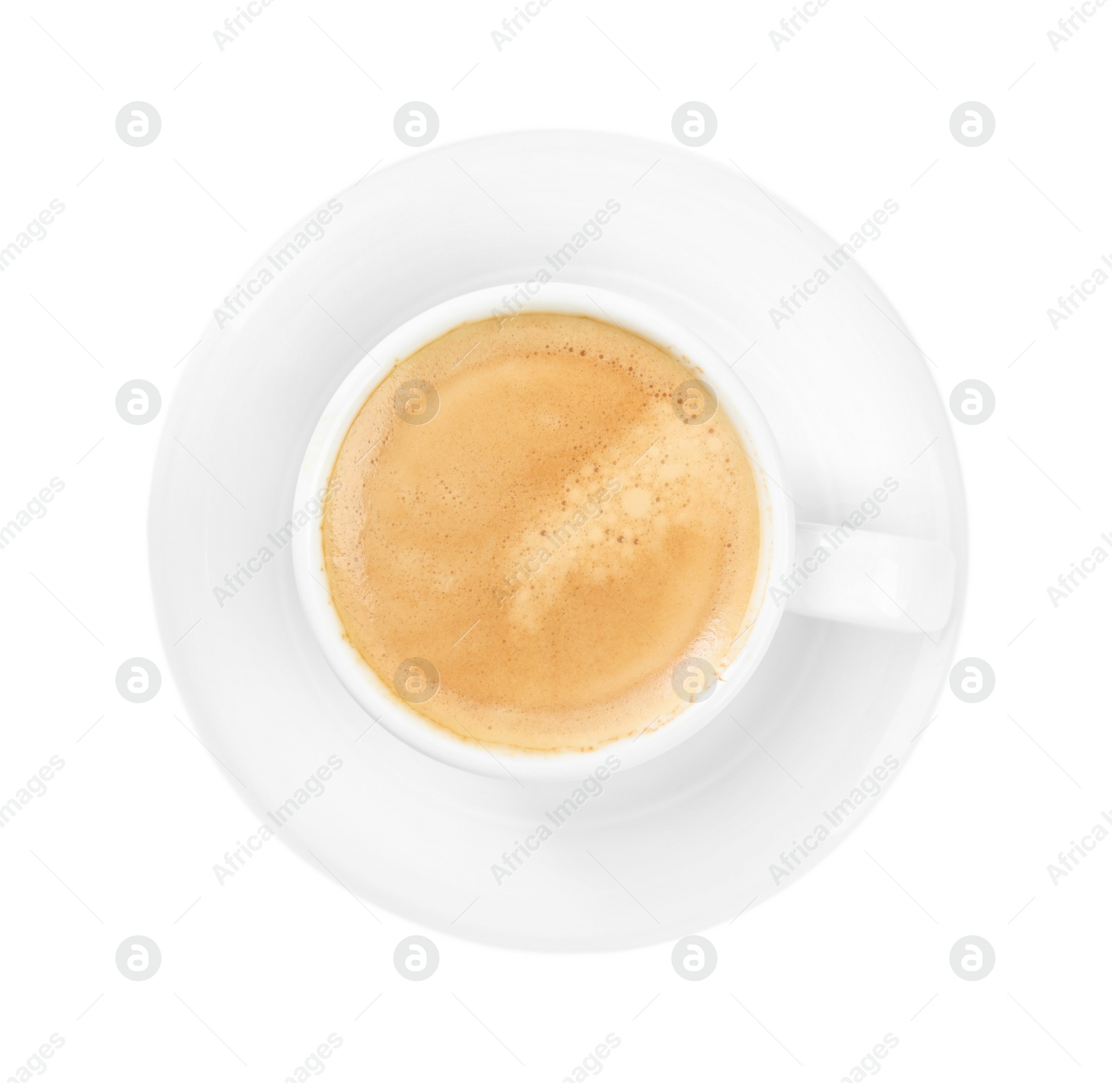 Photo of Cup of tasty coffee isolated on white, top view