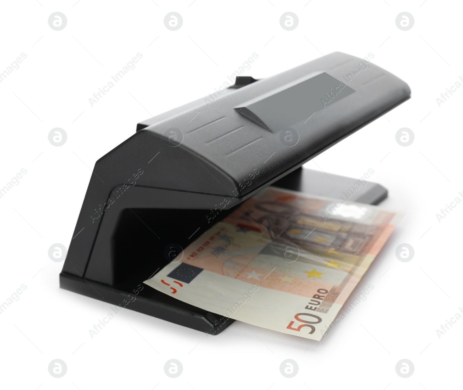 Photo of Modern currency detector with Euro banknote isolated on white. Money examination device