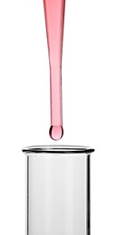 Dripping liquid from pipette into test tube on white background, closeup