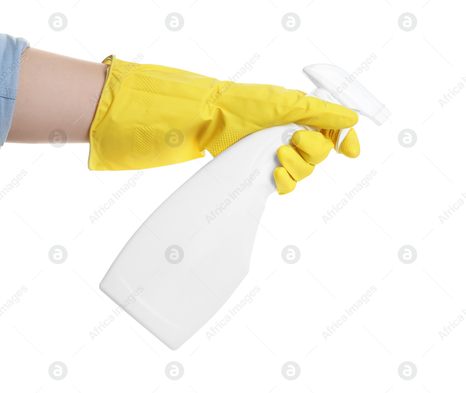 Photo of Person in rubber glove with detergent spray on white background, closeup of hand