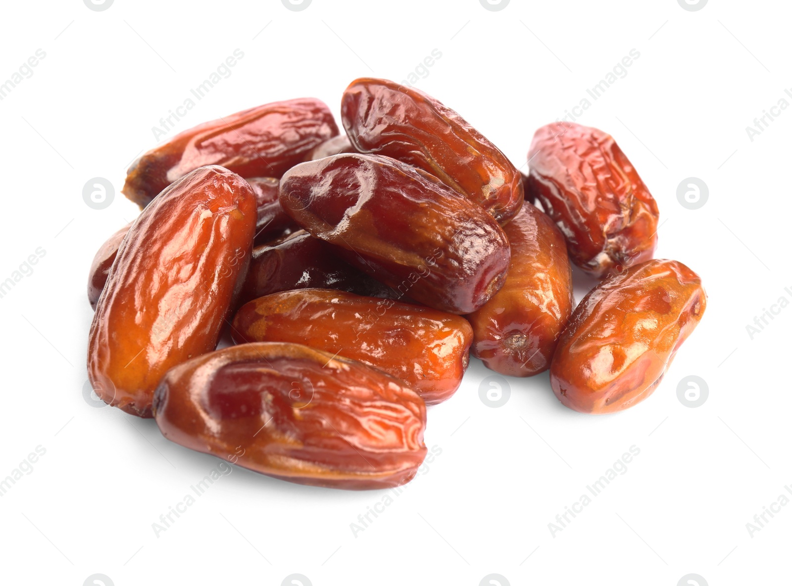 Photo of Heap of tasty sweet dried dates on white background