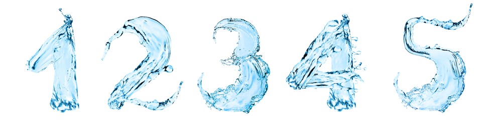 Numbers made of water on white background, collage design