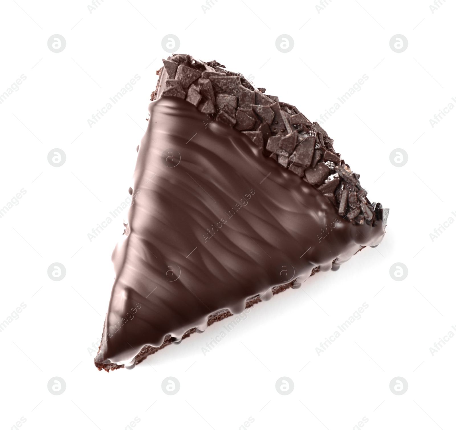 Photo of Piece of delicious chocolate cake isolated on white, top view