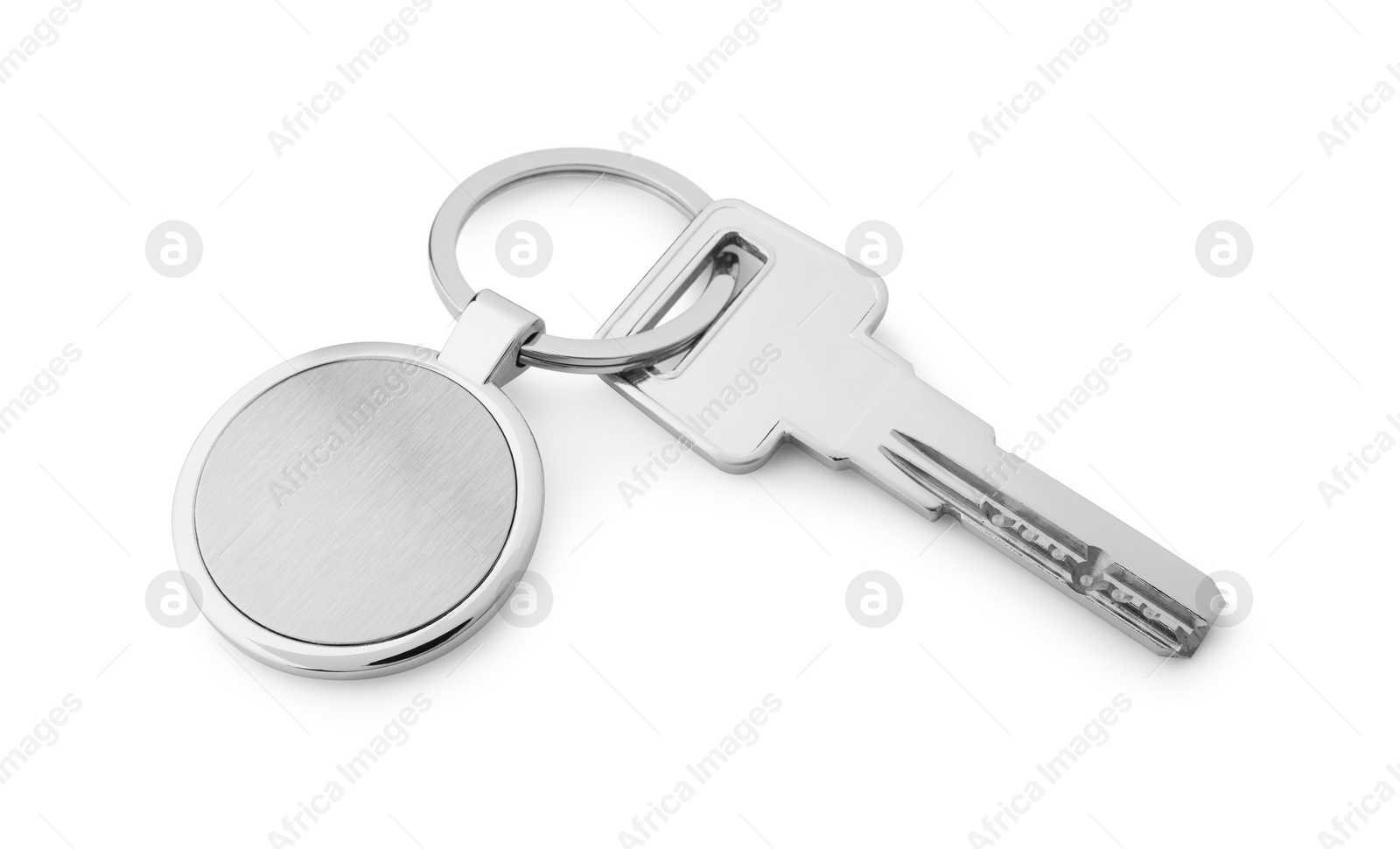 Photo of Key with metallic keychain isolated on white