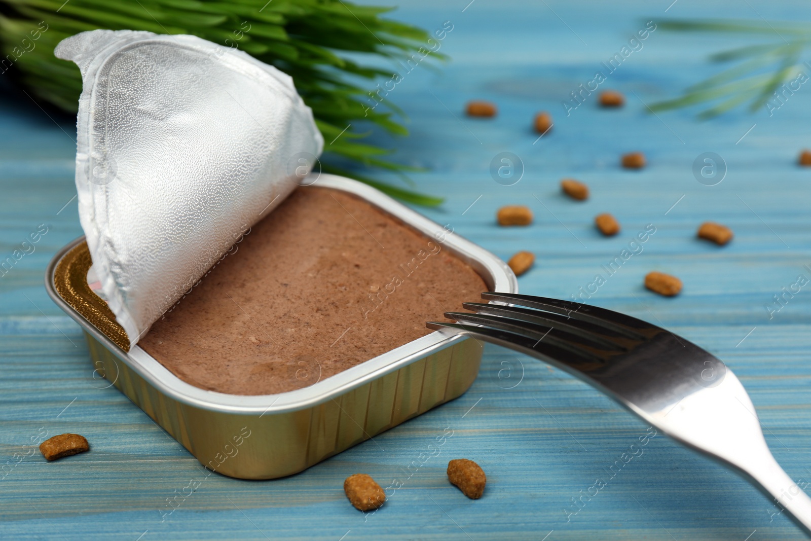 Photo of Kibble, pate and fork on light blue wooden table, closeup. Pet food