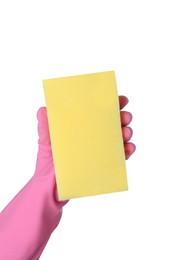 Cleaner in rubber glove holding new yellow sponge on white background, closeup