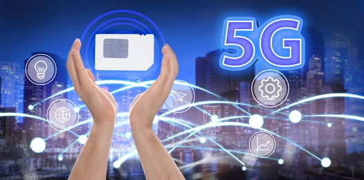 Image of Man demonstrating 5G SIM card model and cityscape with connection lines on background, closeup. Banner design