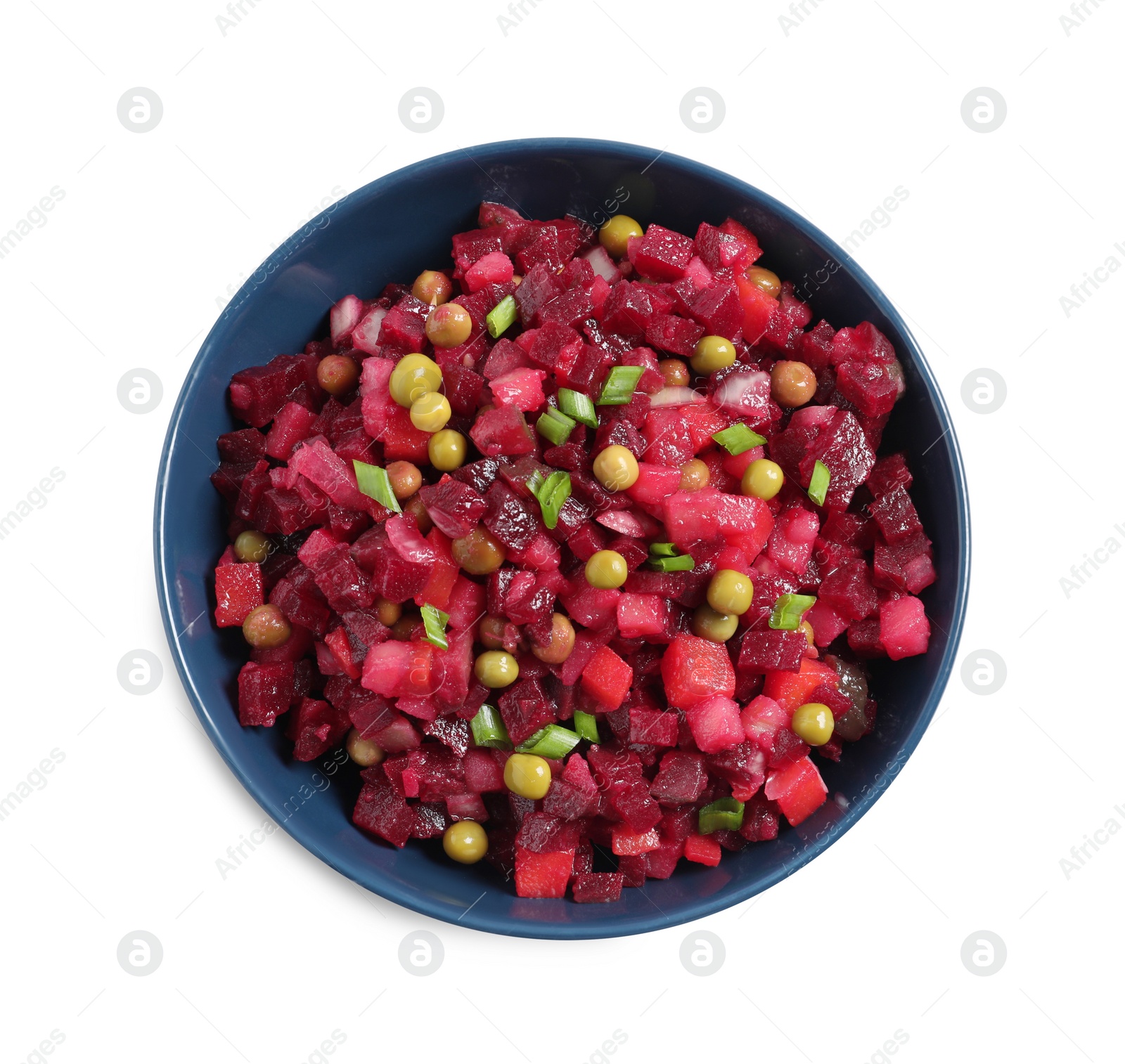 Photo of Bowl of delicious fresh vinaigrette salad isolated on white, top view