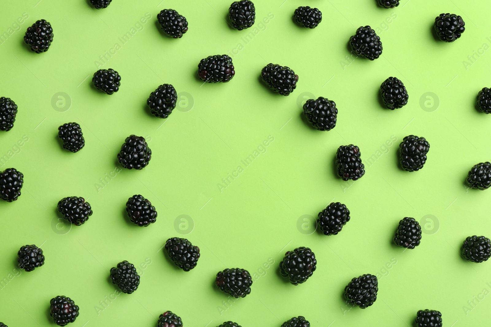 Photo of Frame made with fresh blackberries on green background, top view. Space for text