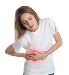 Young woman suffering from liver pain on white background