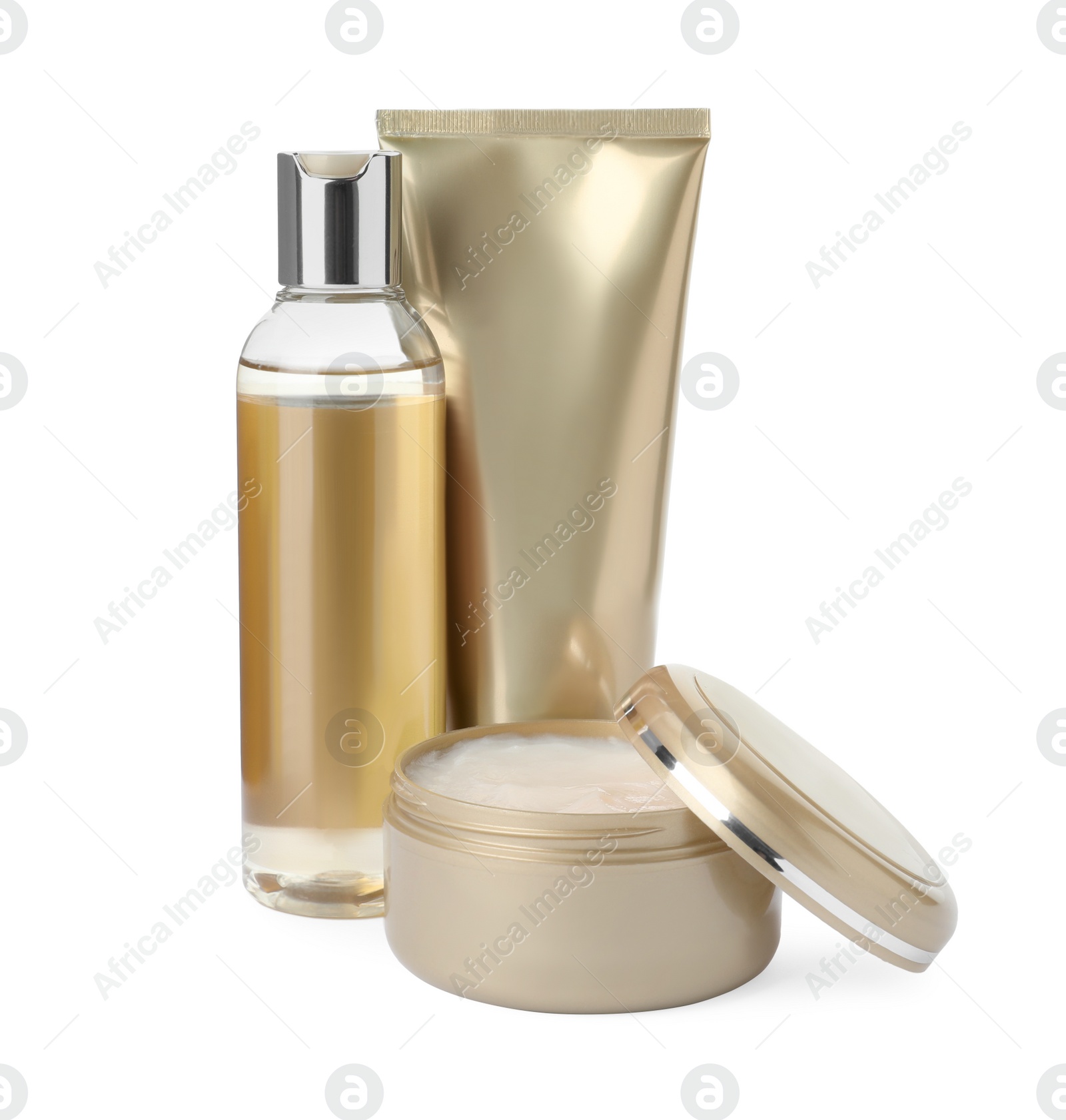 Photo of Different modern cosmetic products isolated on white