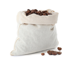 Photo of Cotton eco bag with coffee beans isolated on white