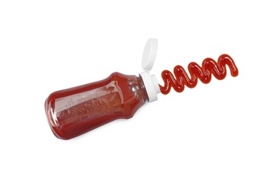 Photo of Squeezed ketchup from bottle isolated on white, above view