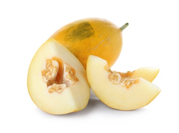 Photo of Whole and sliced tasty ripe melons on white background