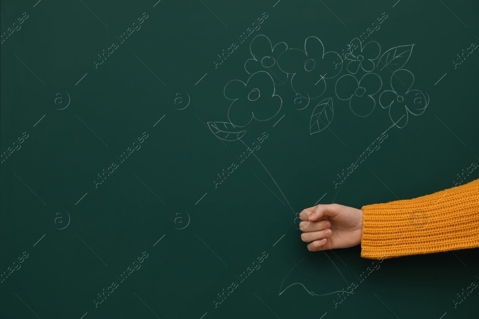Photo of Woman near green board with chalk drawn bouquet, closeup. Space for text