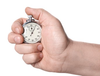 Photo of Man holding vintage timer on white background, closeup