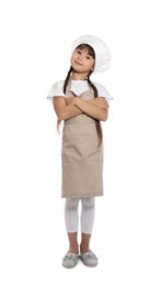 Photo of Full length portrait of little girl in chef hat on white background