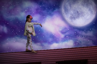 Girl holding toy and sleepwalking on roof under starry sky with full moon