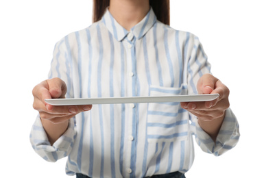 Photo of Businesswoman holding tablet computer on white background, closeup