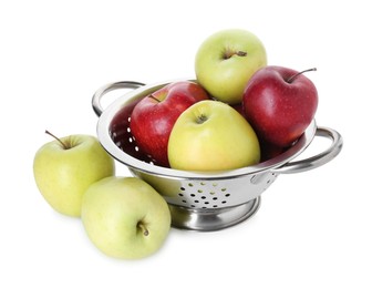 Photo of Metal colander with fresh apples isolated on white