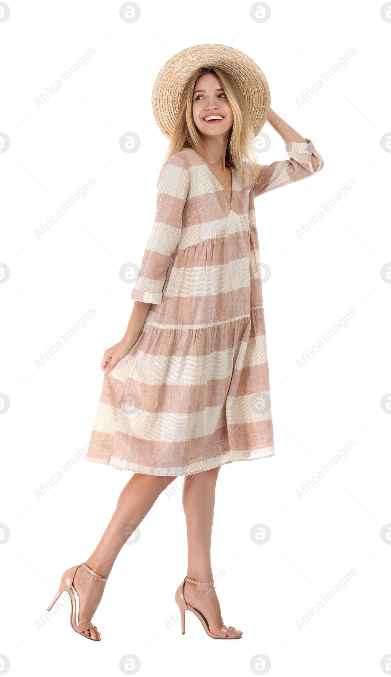 Photo of Young woman wearing stylish dress on white background