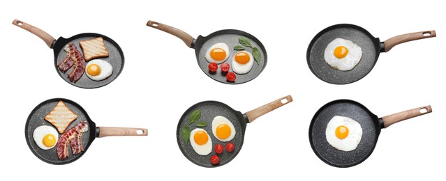 Set with tasty fried eggs, bacon, bread and tomatoes on white background. Banner design