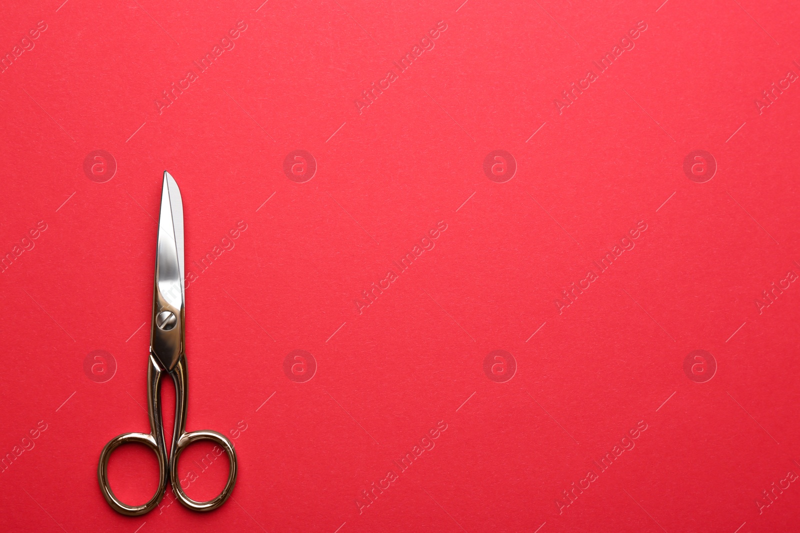 Photo of Pair of sharp scissors on color background, top view. Space for text