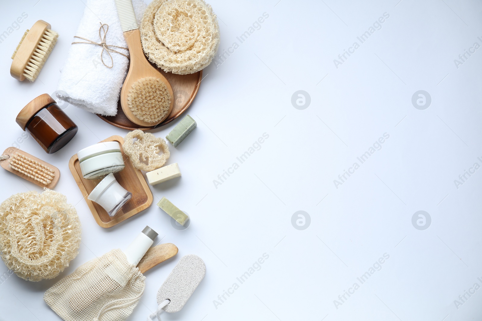 Photo of Bath accessories. Flat lay composition with personal care products on white background, space for text