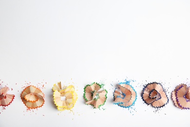 Pencil shavings on white background, top view