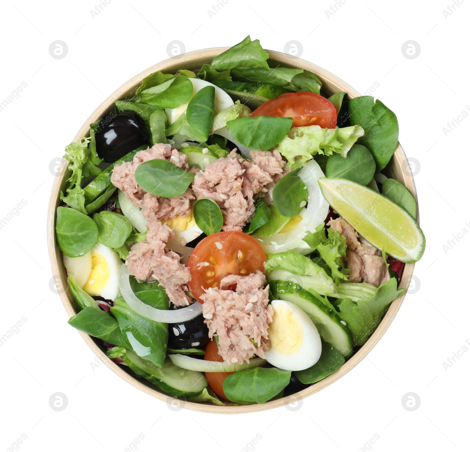 Photo of Bowl of delicious salad with canned tuna and vegetables on white background, top view