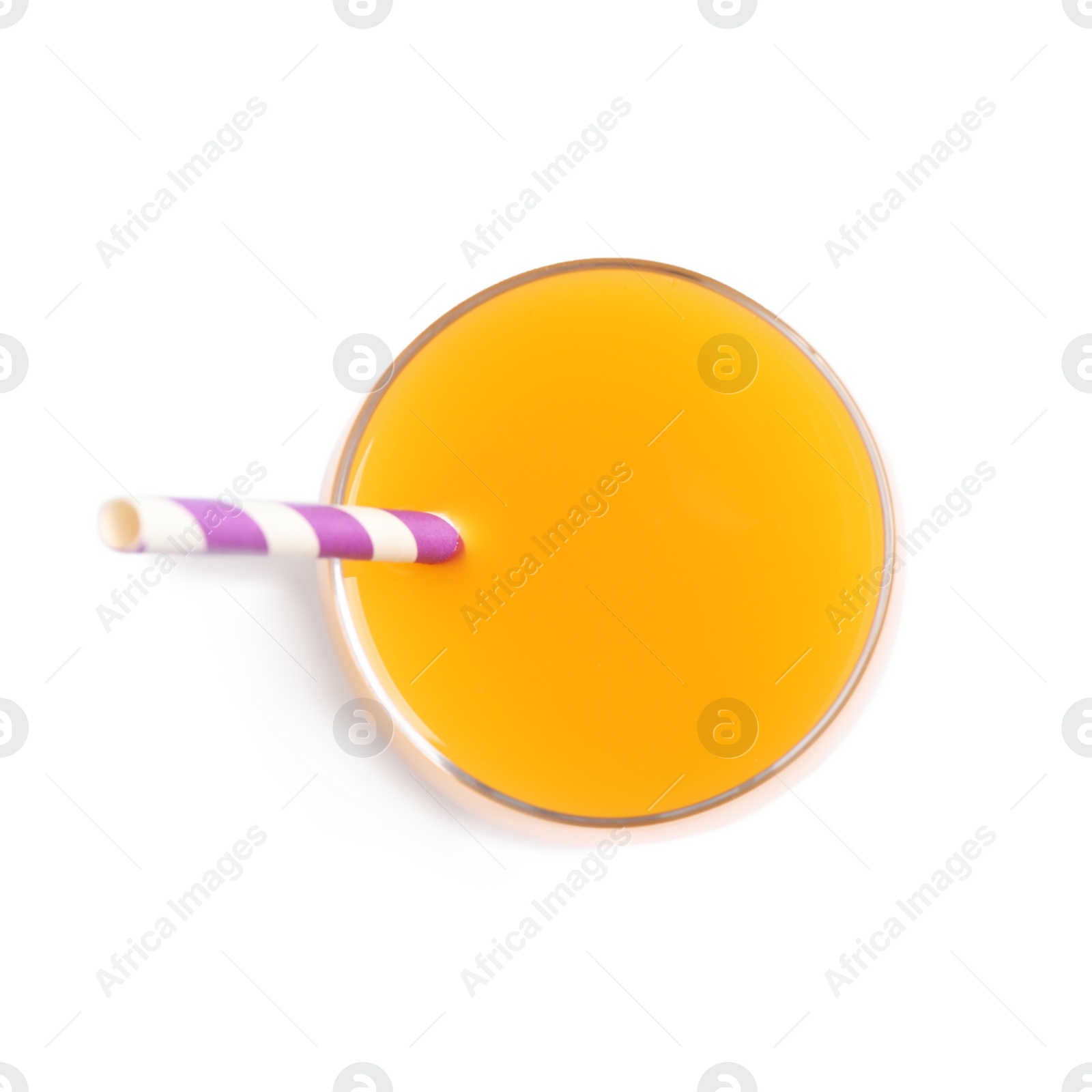 Photo of Fresh delicious mango drink isolated on white, top view