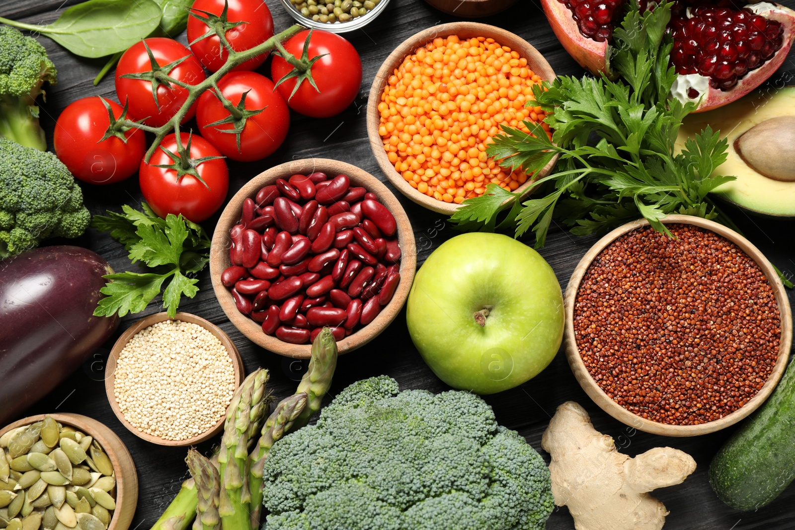 Photo of Different vegetables, seeds and fruits on table, flat lay. Healthy diet