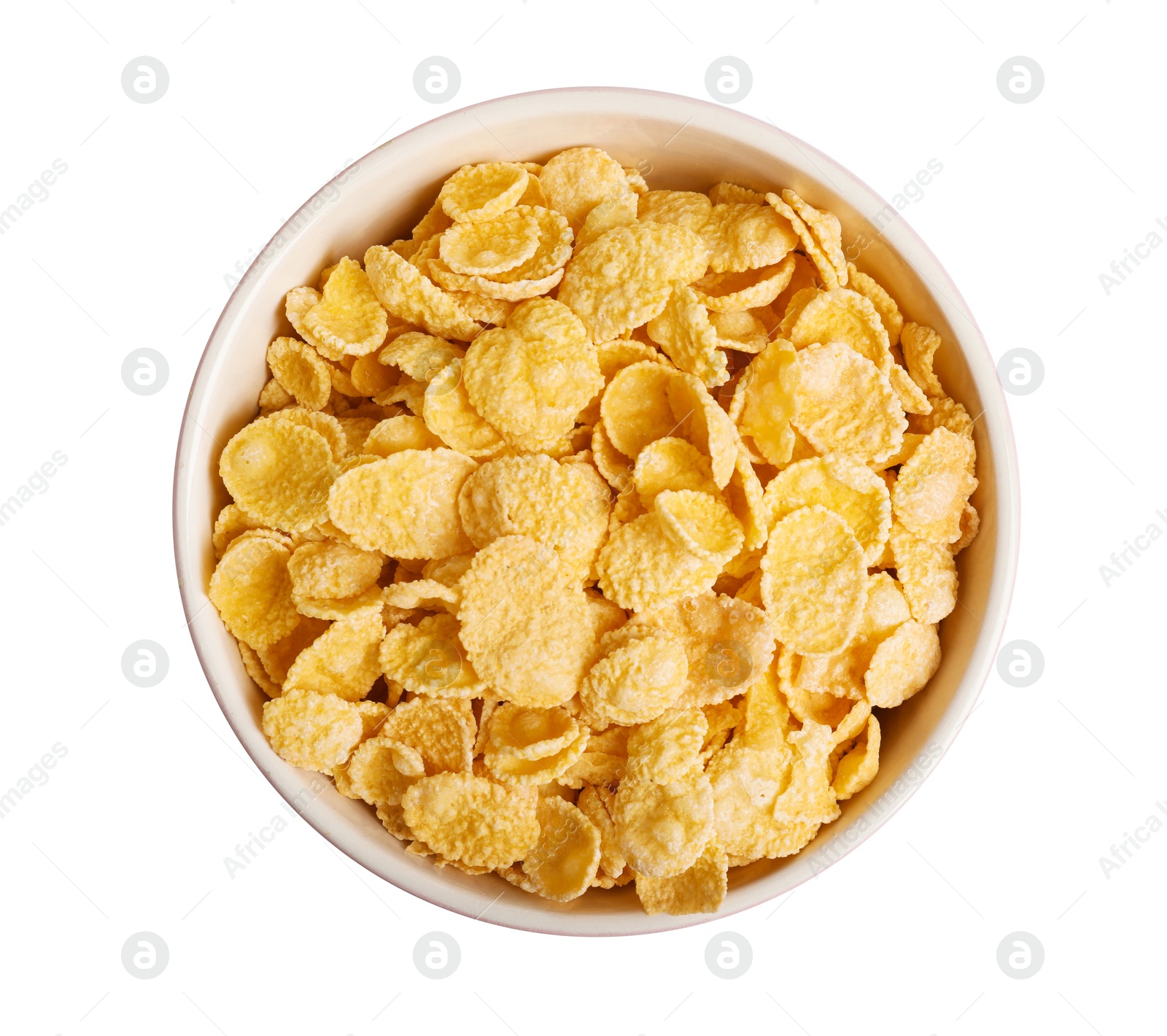 Photo of Bowl with crispy cornflakes on white background, top view