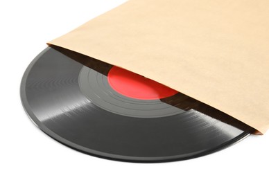 Vintage vinyl record in paper cover isolated on white, closeup