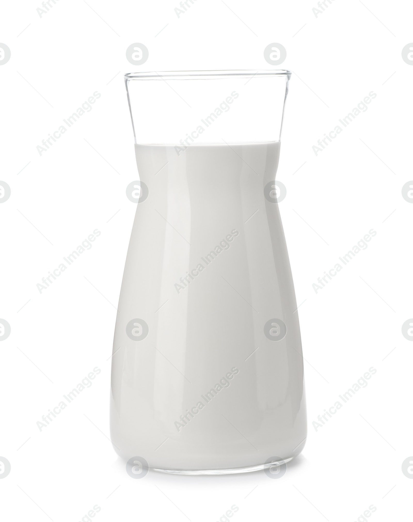 Photo of Cruet with fresh milk on white background