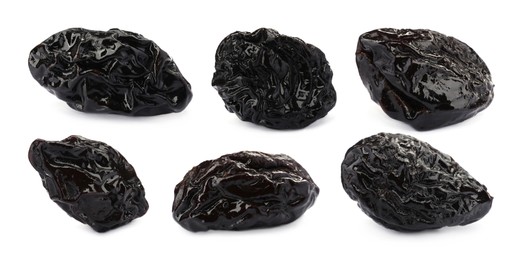 Image of Set with sweet dried prunes on white background. Banner design