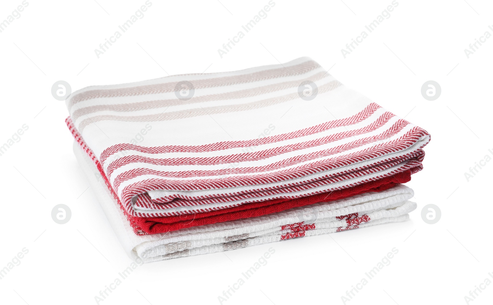 Photo of Stack of clean kitchen towels isolated on white