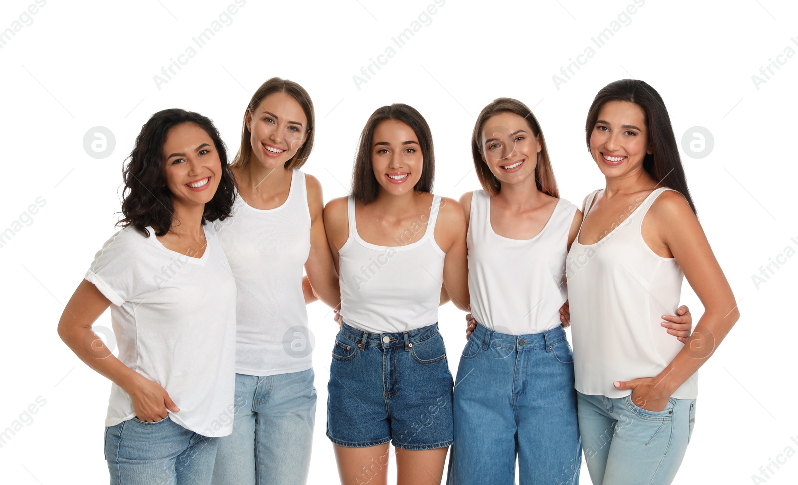 Photo of Happy women on white background. Girl power concept