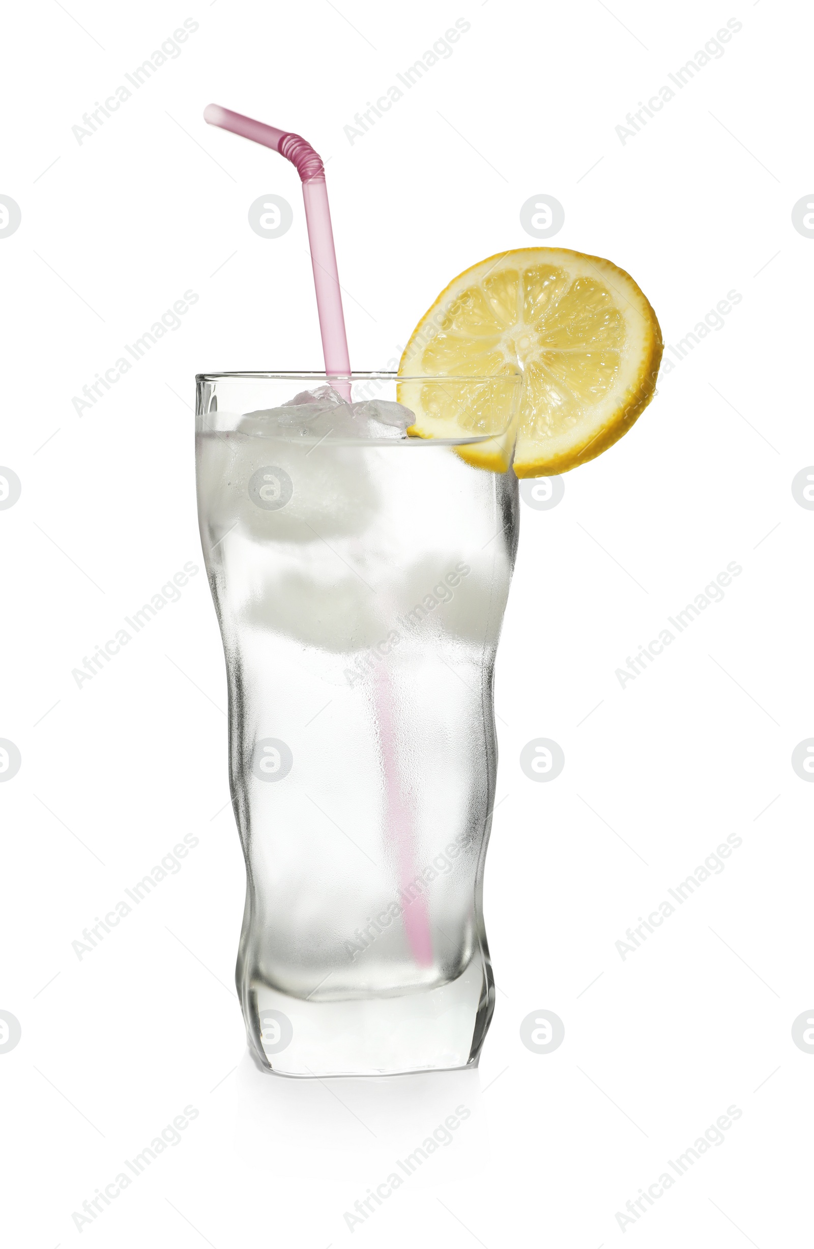 Photo of Glass of water with lemon, ice and straw on white background. Refreshing drink